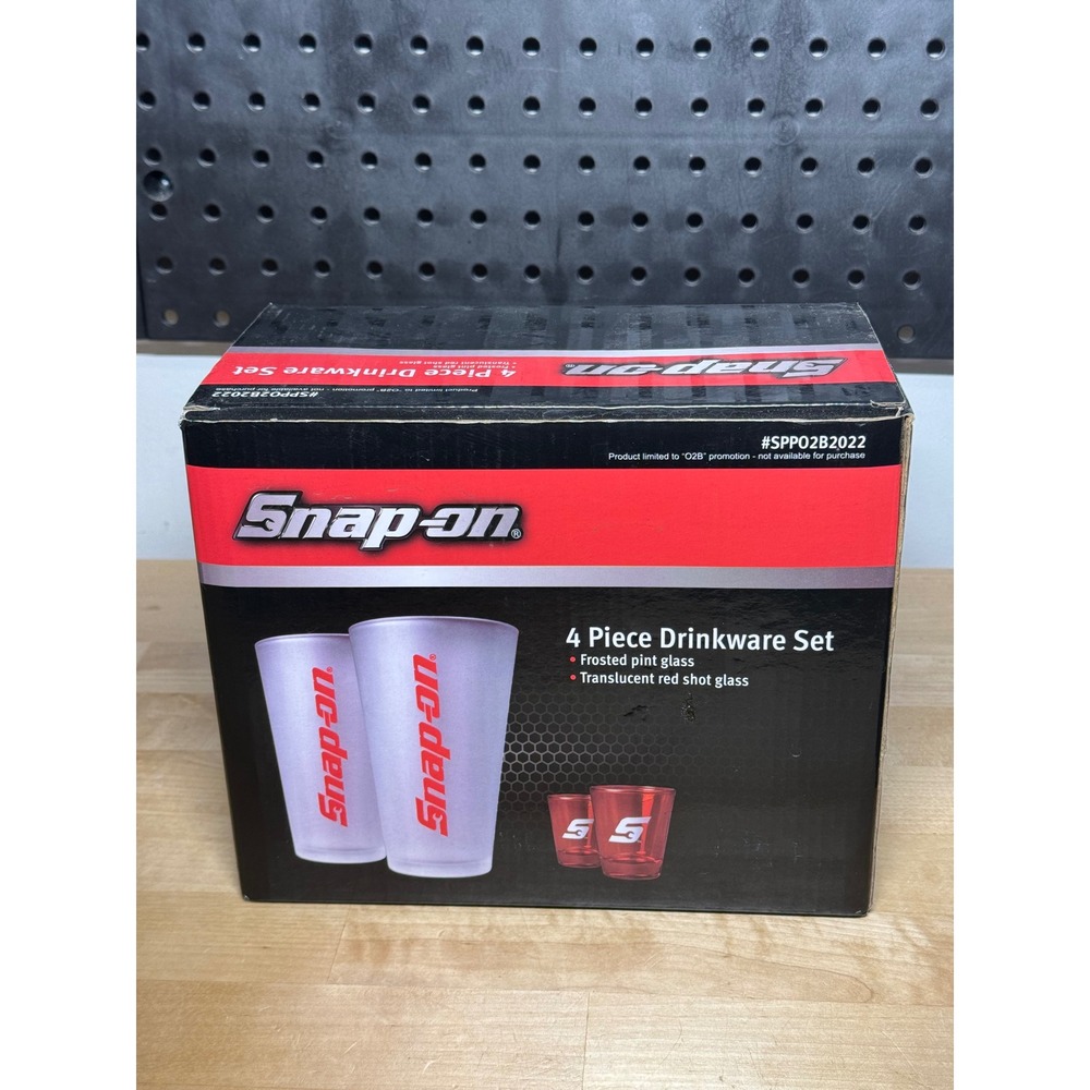 Snap-on 4 Piece Drinkware Set Frosted 16oz Pint Glasses & Red Shot Glasses